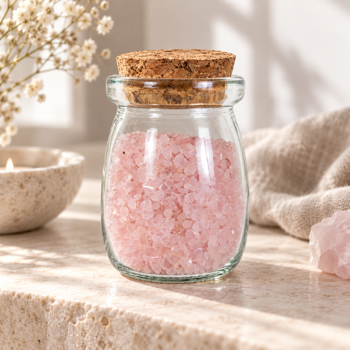 Rose Quartz Crystal Chips, 5 oz Glass Jar