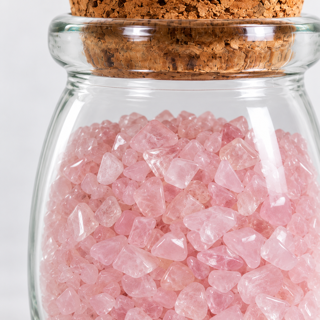 Rose Quartz Crystal Chips, 5 oz Glass Jar