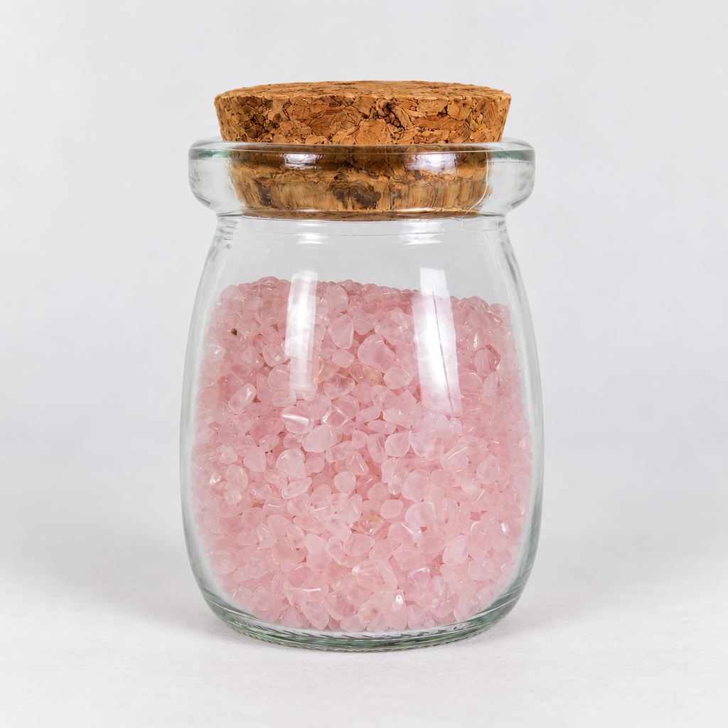 Rose Quartz Crystal Chips, 5 oz Glass Jar