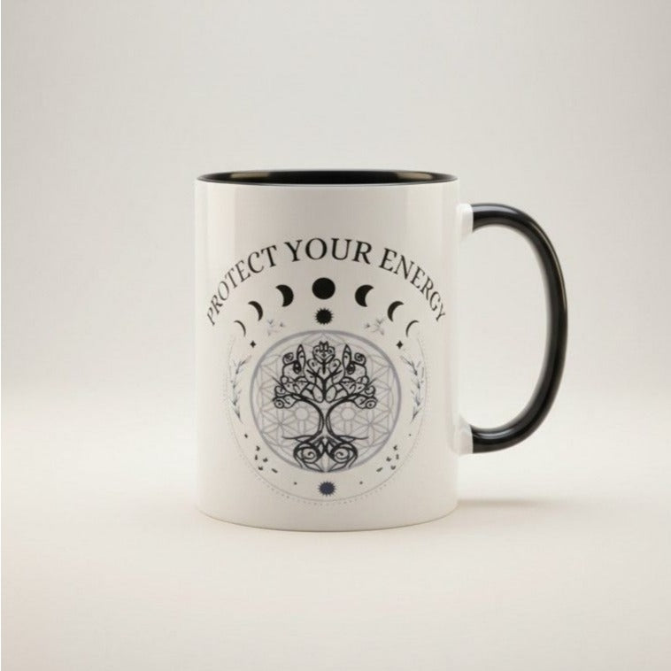 Protect Your Energy Mug With Moon Phases & Tree Of Life Design Black Handle 11 Oz Coffee Cup