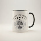 Protect Your Energy mug with black handle featuring moon phases and tree of life design