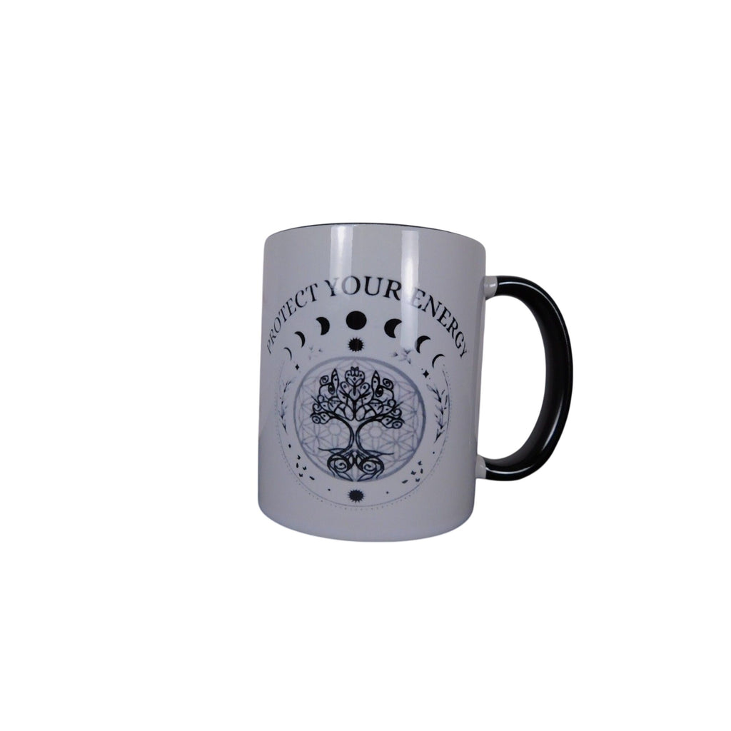 Protect Your Energy Mug With Moon Phases & Tree Of Life Design Black Handle 11 Oz Coffee Cup