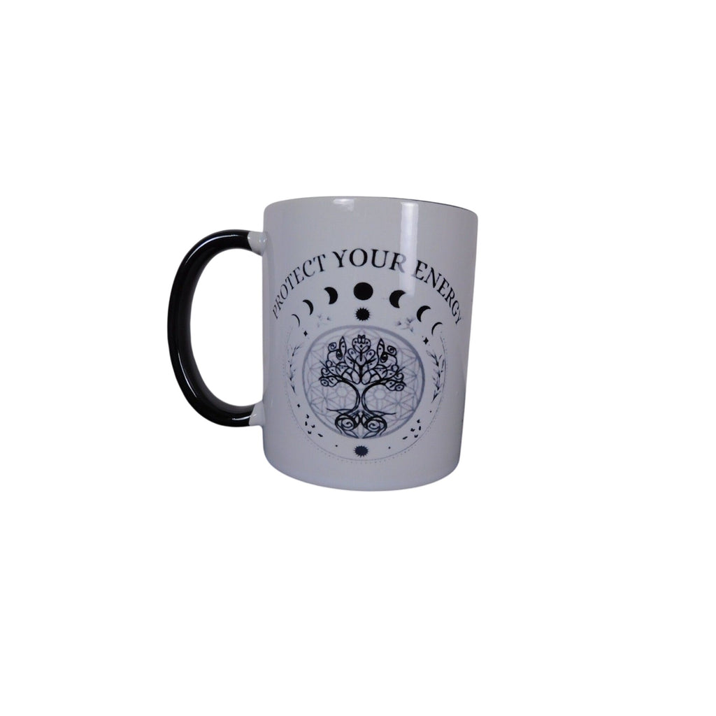 Protect Your Energy Mug With Moon Phases & Tree Of Life Design Black Handle 11 Oz Coffee Cup
