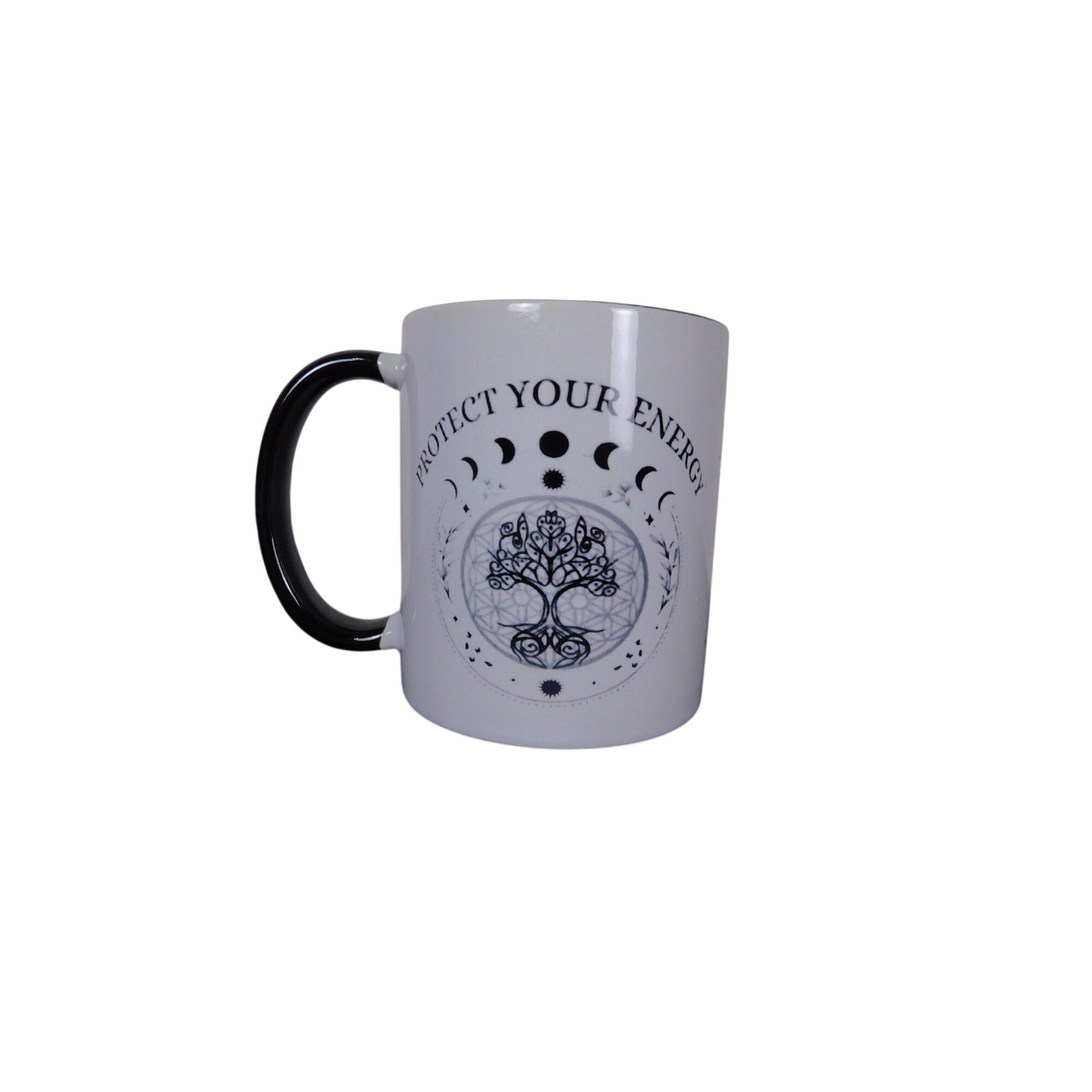Protect Your Energy Mug With Moon Phases & Tree Of Life Design Black Handle 11 Oz Coffee Cup
