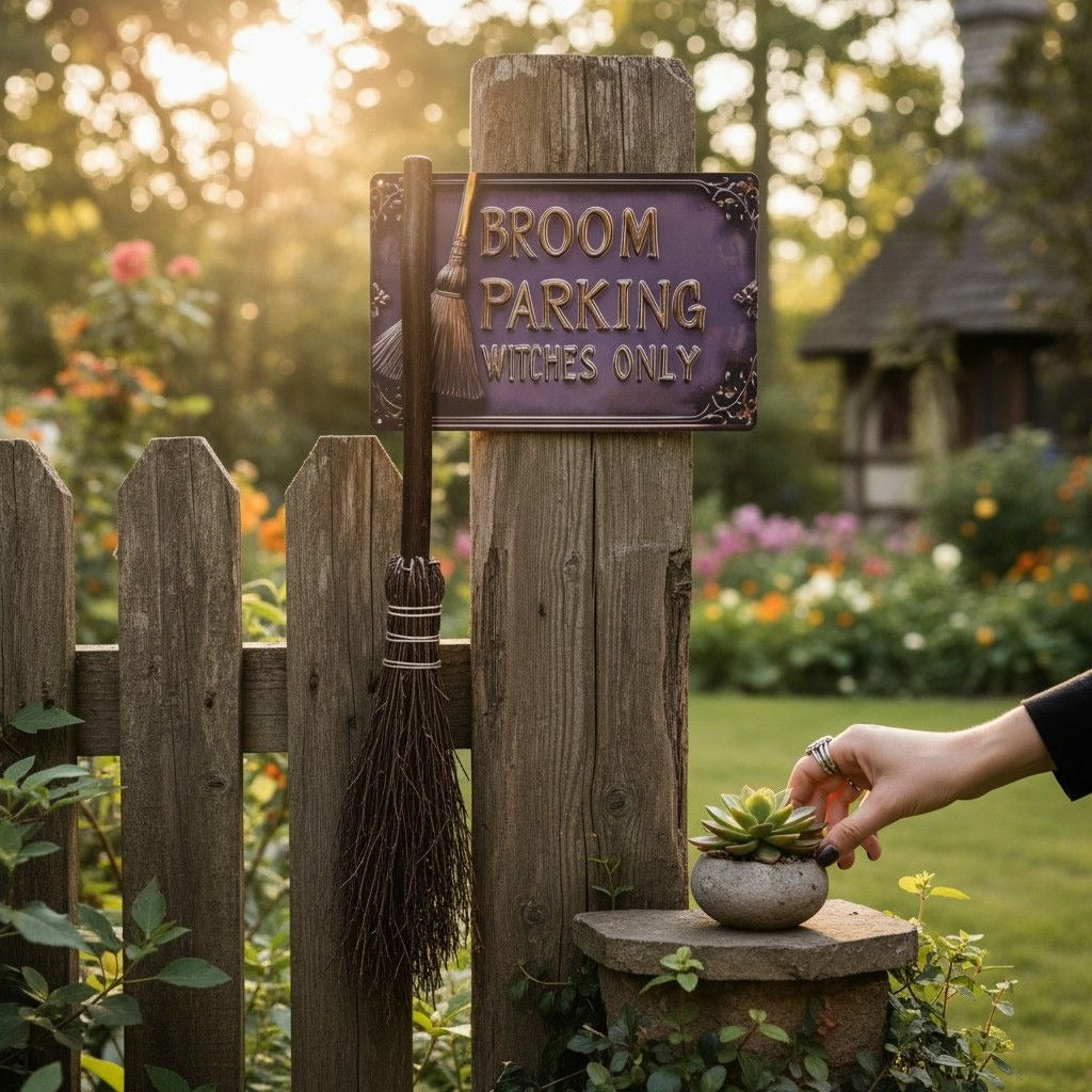 Broom Parking Witches Only Metal Sign - 12x8 Purple Gold - New