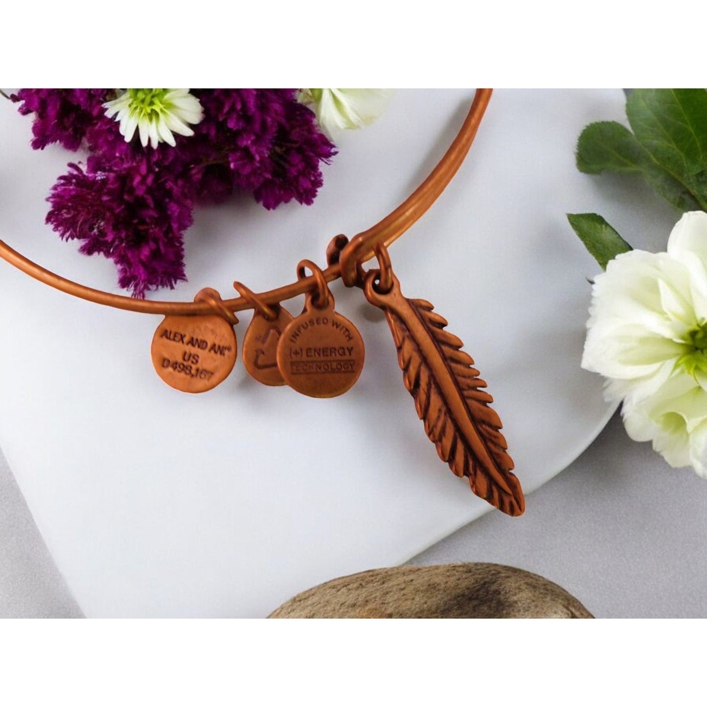 Alex and Ani Feather Charm Gold-Tone Bangle - Boho Chic Bracelet