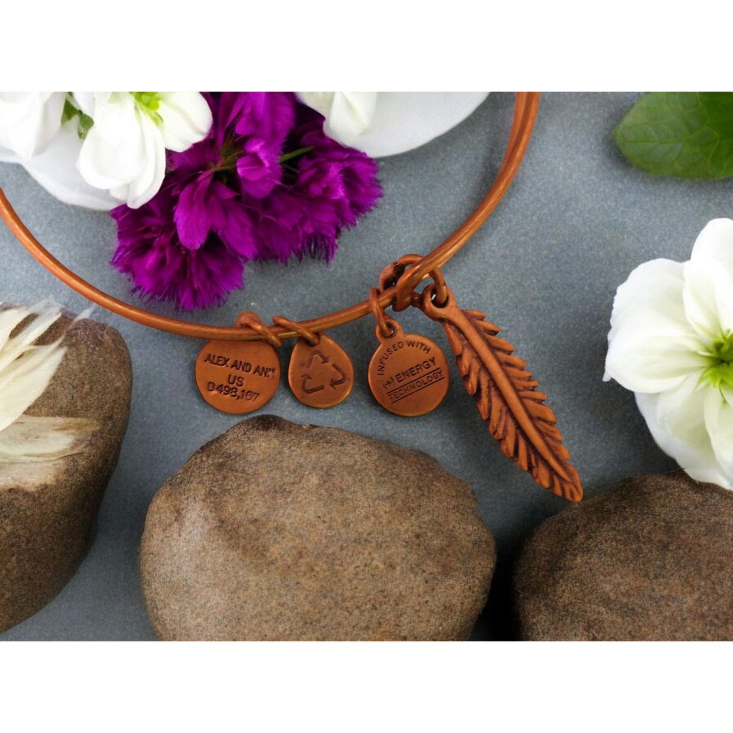 Alex and Ani Feather Charm Gold-Tone Bangle - Boho Chic Bracelet