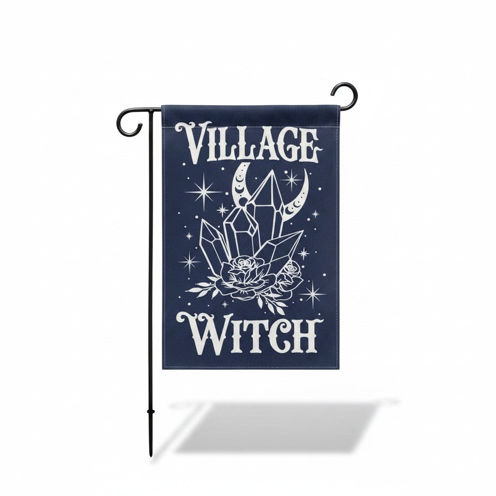 Village Witch Black Garden Flag 18x12 Moon Crystals Roses Gothic Witchy Decor