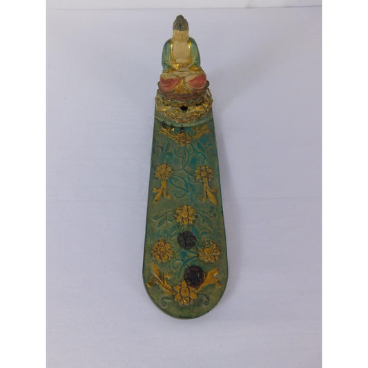 Vintage Buddha Incense Holder Green Gold Floral Tray Buddhist Altar Decor Statue