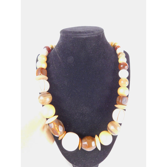 Vintage Chunky Bead Necklace Brown Cream Gold Oversized Statement Retro Jewelry