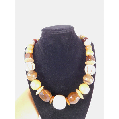 Vintage Chunky Bead Necklace Brown Cream Gold Oversized Statement Retro Jewelry