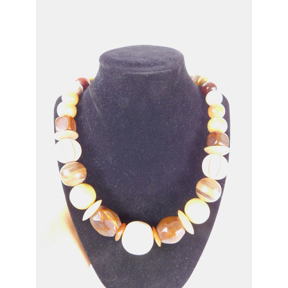 Vintage Chunky Bead Necklace Brown Cream Gold Oversized Statement Retro Jewelry