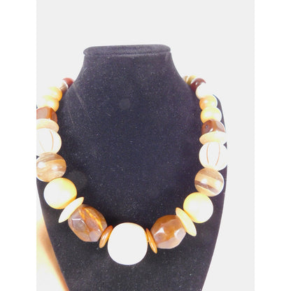 Vintage Chunky Bead Necklace Brown Cream Gold Oversized Statement Retro Jewelry