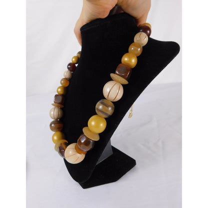 Vintage Chunky Bead Necklace Brown Cream Gold Oversized Statement Retro Jewelry