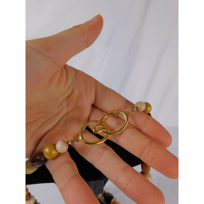 Vintage Chunky Bead Necklace Brown Cream Gold Oversized Statement Retro Jewelry