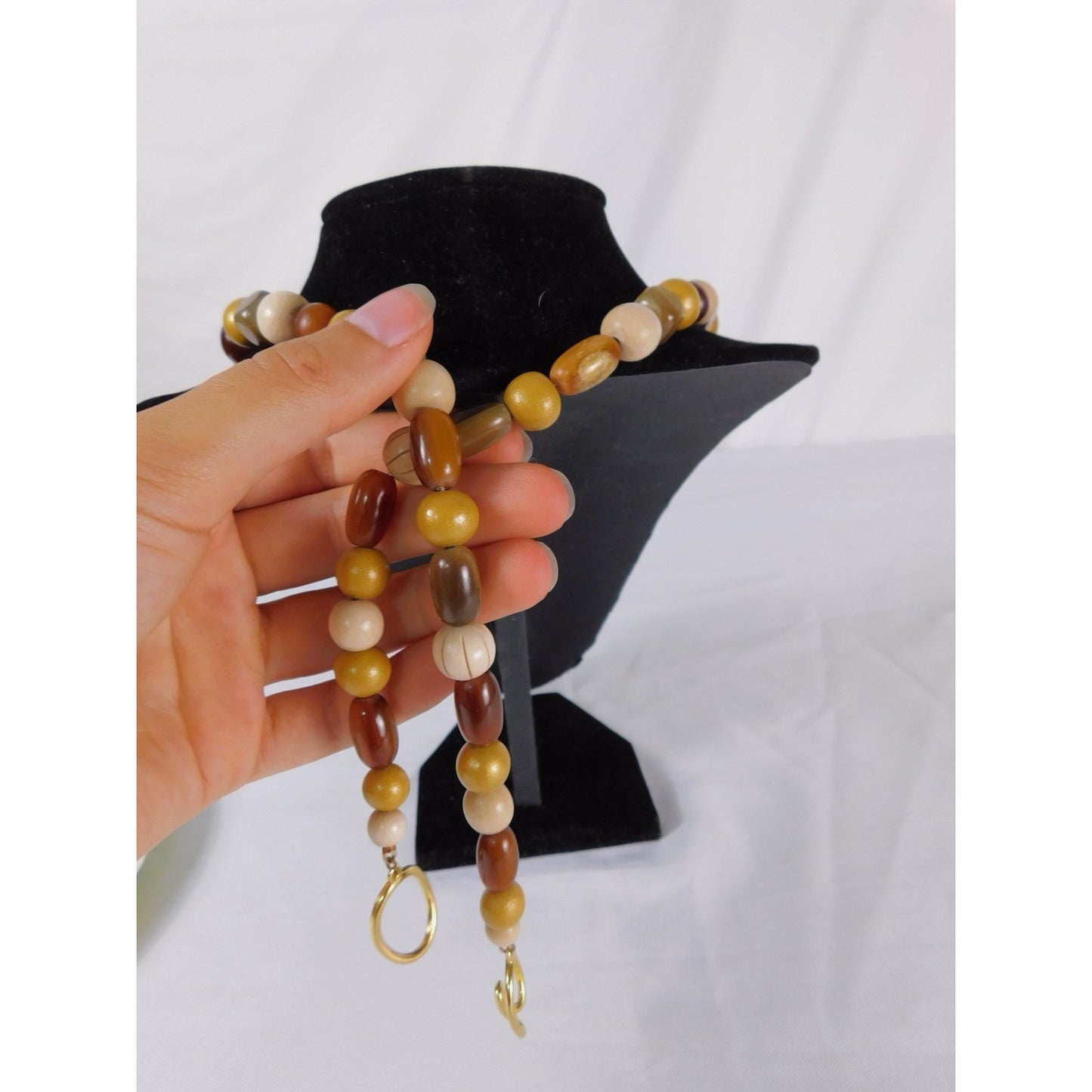 Vintage Chunky Bead Necklace Brown Cream Gold Oversized Statement Retro Jewelry