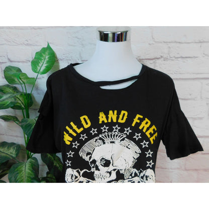 Wild And Free Death Soul Skull Graphic Black T-Shirt Women L Black Cold Shoulder