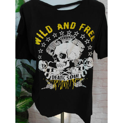 Wild And Free Death Soul Skull Graphic Black T-Shirt Women L Black Cold Shoulder