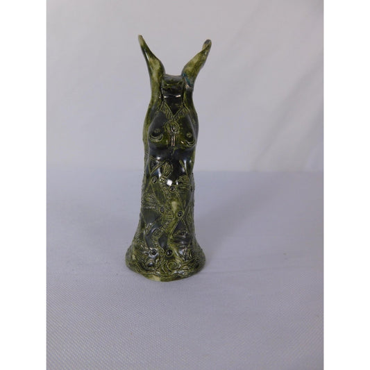 Handmade Green Ceramic Goddess Statue Miniature Folk Art Sculpture Signed AK