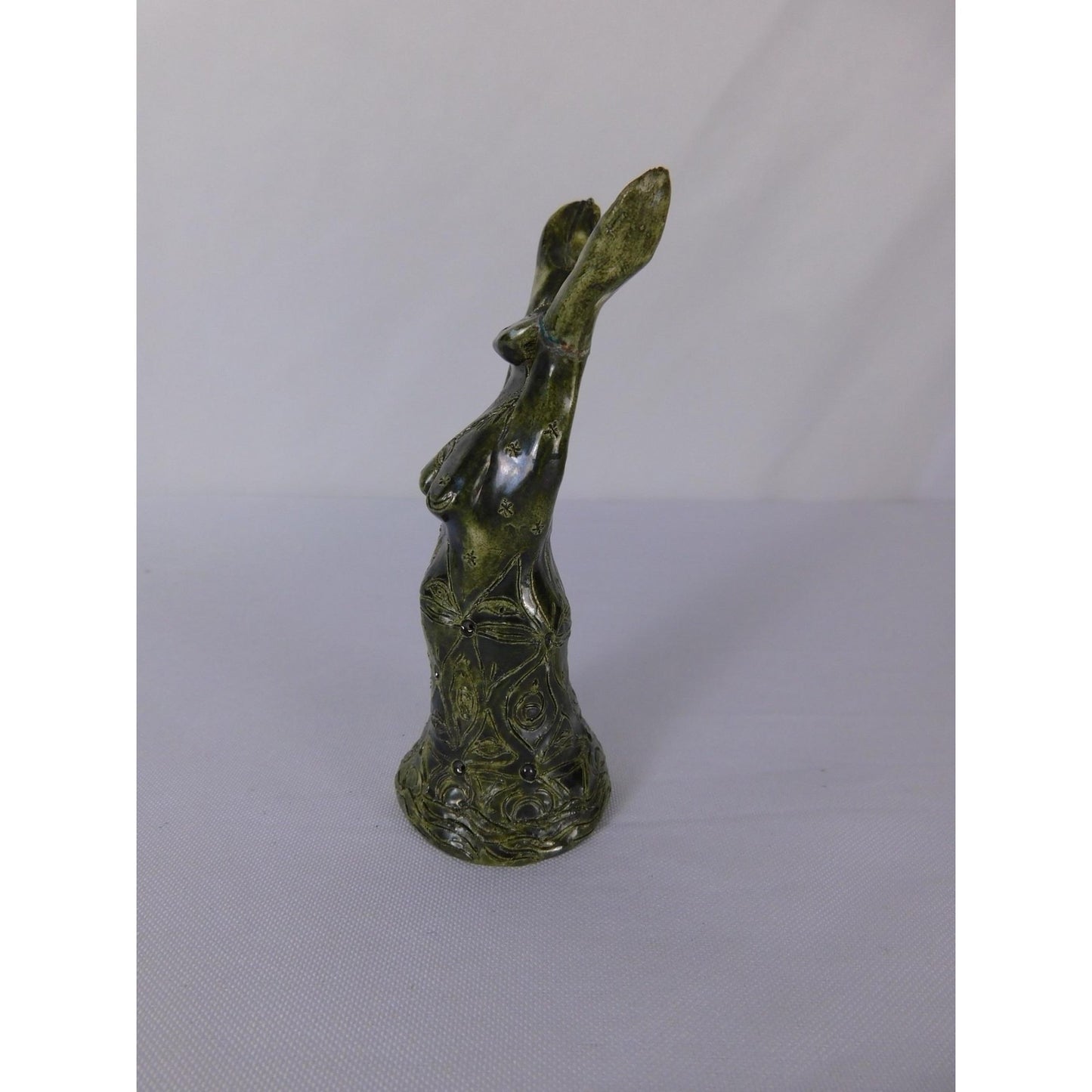 Handmade Green Ceramic Goddess Statue Miniature Folk Art Sculpture Signed AK