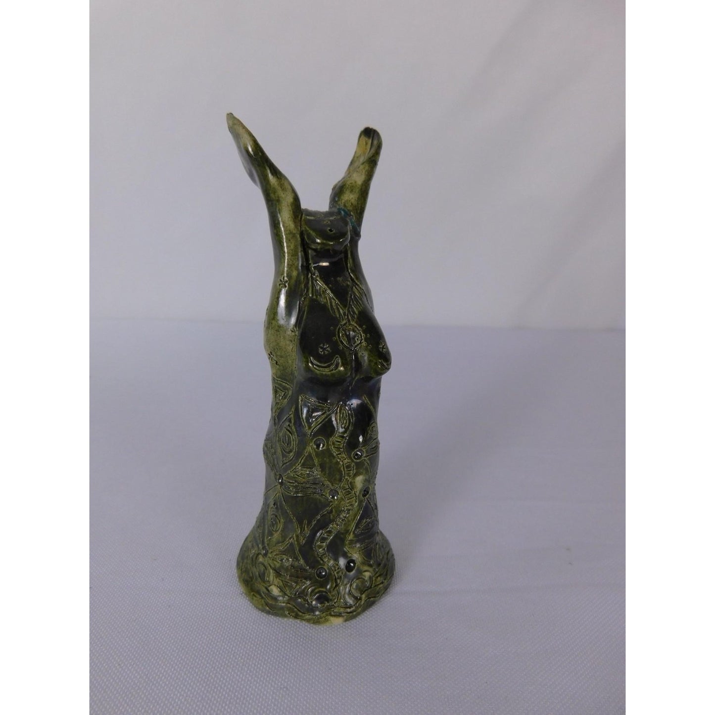 Handmade Green Ceramic Goddess Statue Miniature Folk Art Sculpture Signed AK
