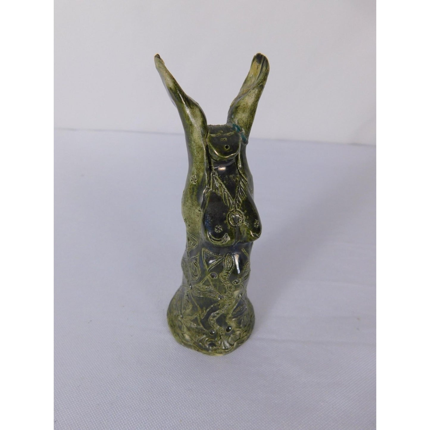 Handmade Green Ceramic Goddess Statue Miniature Folk Art Sculpture Signed AK