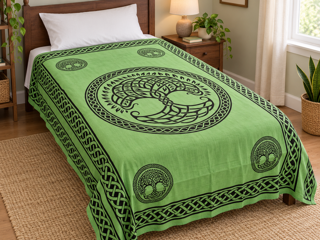 Green Tree of Life Cotton Tapestry, 72 x 108 in