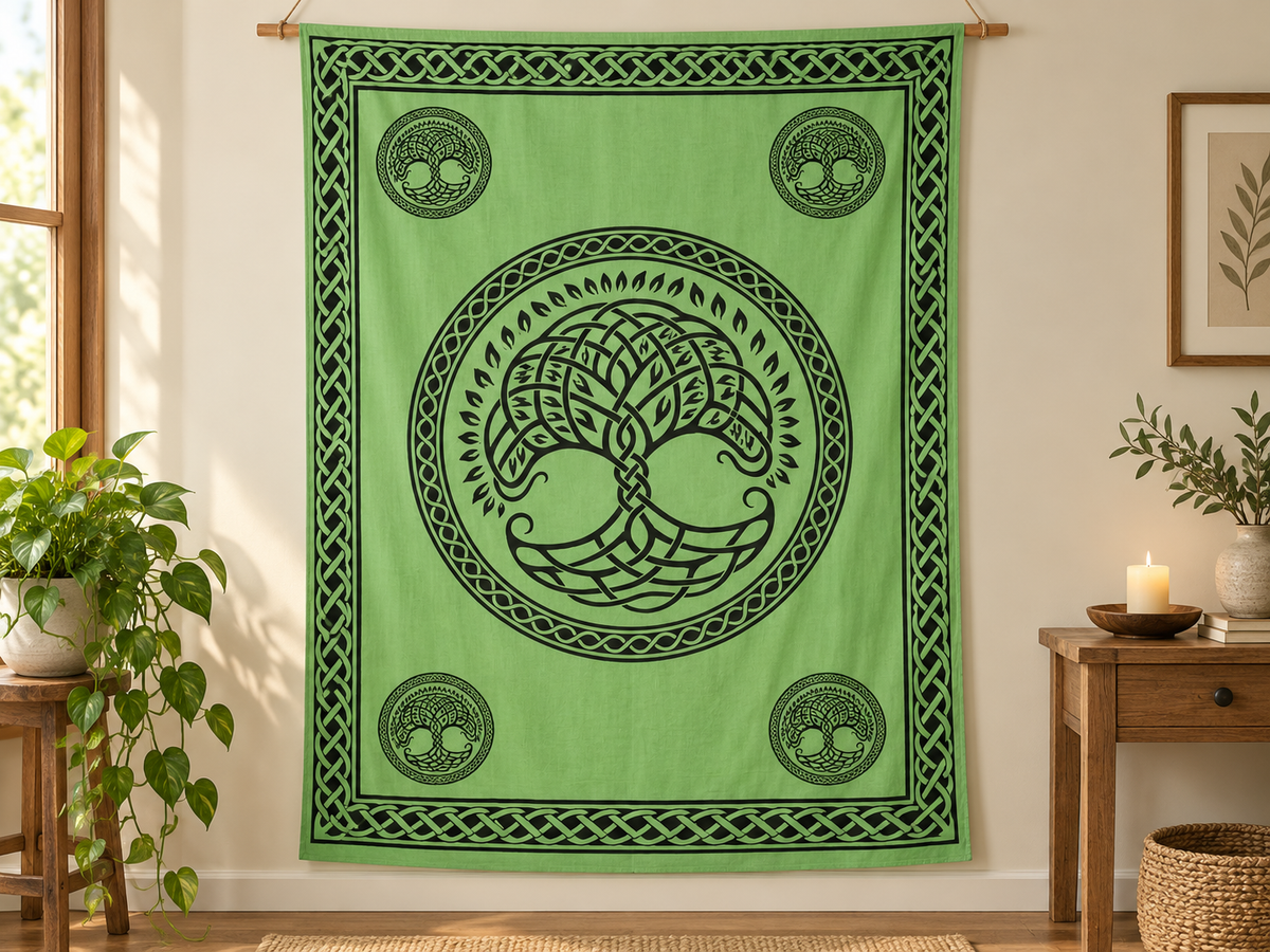 Green Tree of Life Cotton Tapestry, 72 x 108 in