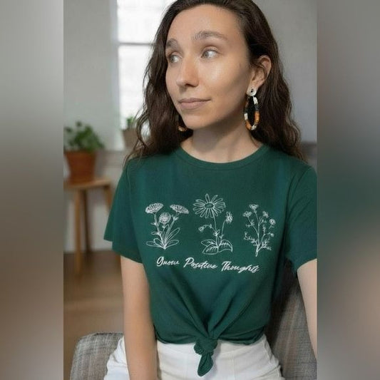 Papaya Green Knotted Cropped Front Graphic Tee Grow Positive Thoughts L