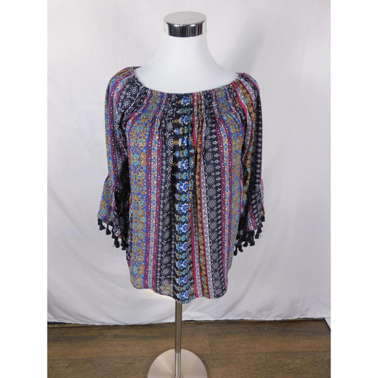 Westport Black Multicolor Boho Peasant Top XS - Bell Sleeve Tassel - Excellent