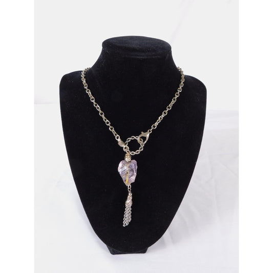 Handmade Amethyst Nugget Heart Pendant Necklace Silver Tone Chain Tassel Unique