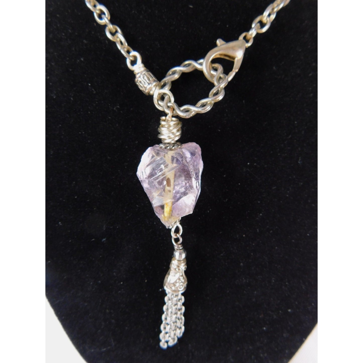 Handmade Amethyst Nugget Heart Pendant Necklace Silver Tone Chain Tassel Unique