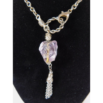 Handmade Amethyst Nugget Heart Pendant Necklace Silver Tone Chain Tassel Unique
