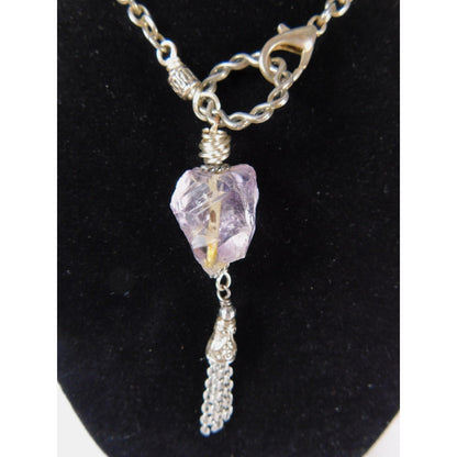 Handmade Amethyst Nugget Heart Pendant Necklace Silver Tone Chain Tassel Unique