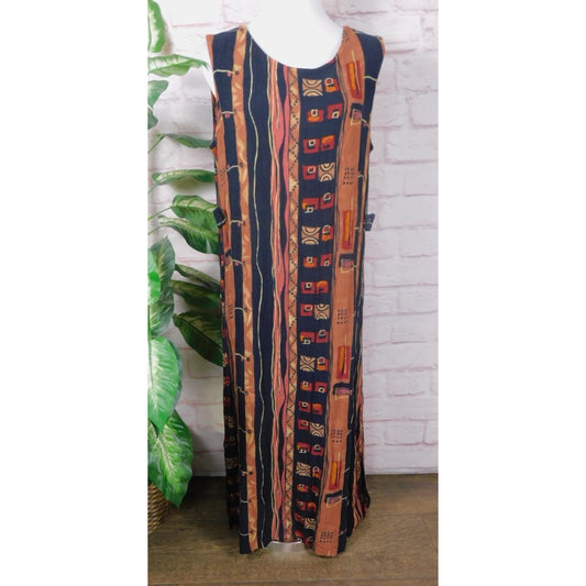Sag Harbor Vtg Sleeveless Tribal Print Maxi Dress Brown Boho Large