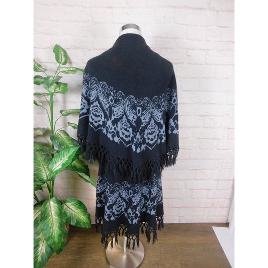 Black Fringe Knit Wrap Shawl OS Boho Gothic Witchy Elegant Layering