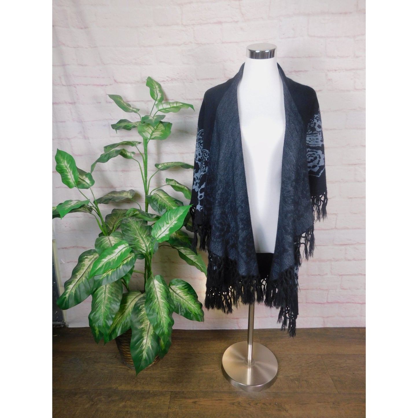 Black Fringe Knit Wrap Shawl OS Boho Gothic Witchy Elegant Layering