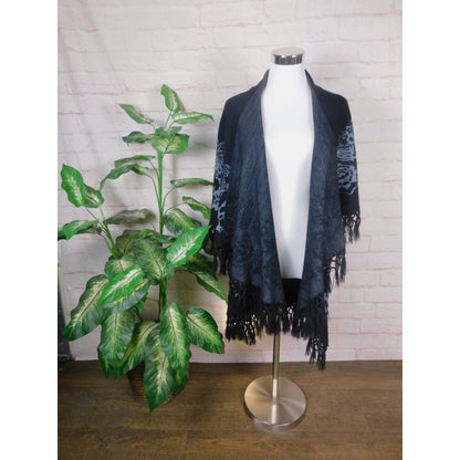 Black Fringe Knit Wrap Shawl OS Boho Gothic Witchy Elegant Layering