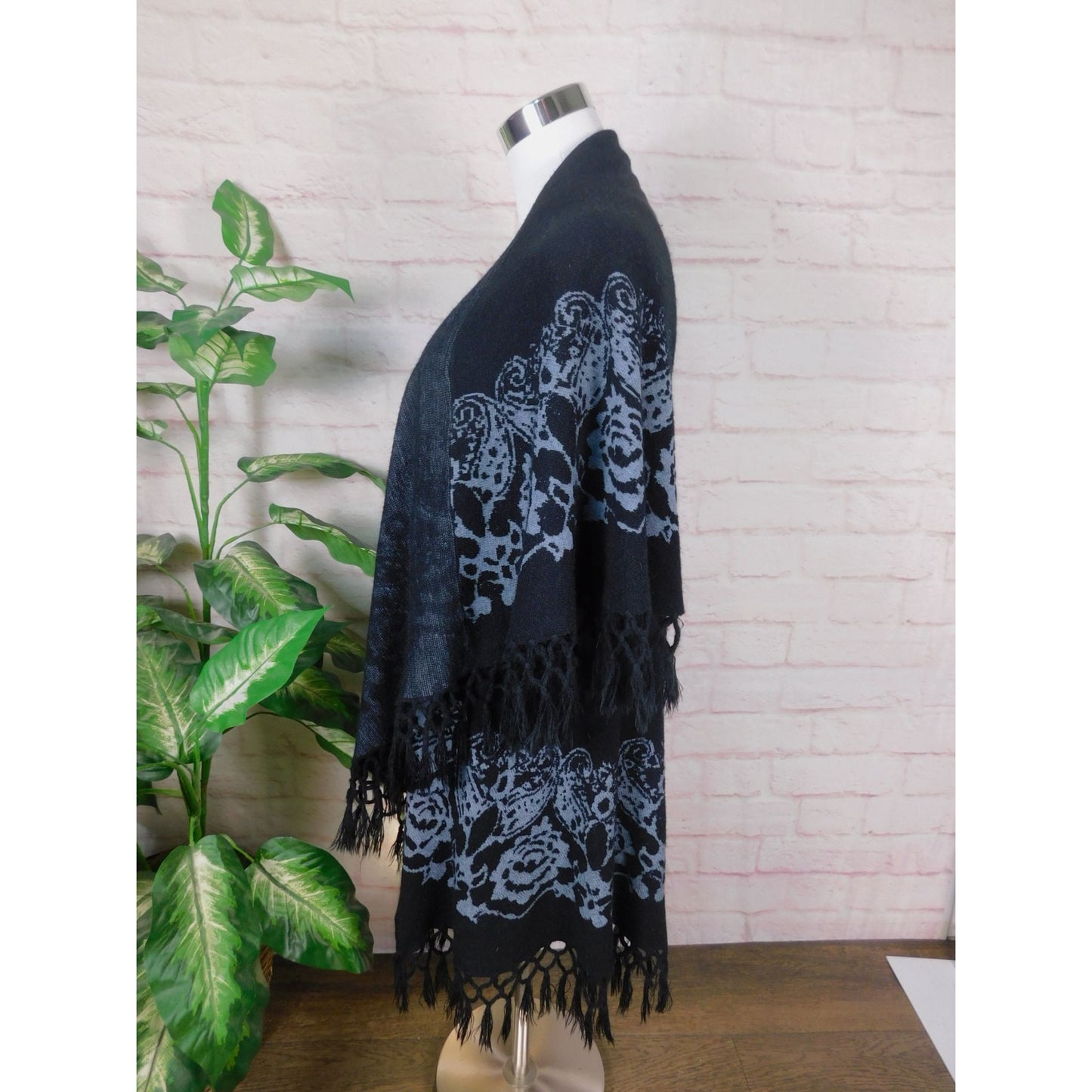 Black Fringe Knit Wrap Shawl OS Boho Gothic Witchy Elegant Layering