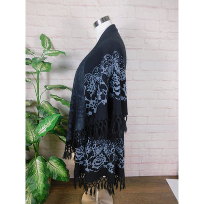 Black Fringe Knit Wrap Shawl OS Boho Gothic Witchy Elegant Layering