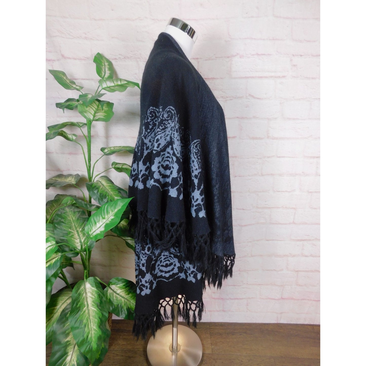 Black Fringe Knit Wrap Shawl OS Boho Gothic Witchy Elegant Layering