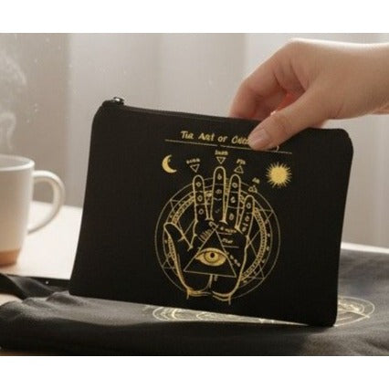 Black Canvas Zipper Pouch With The Art Of Chiromancy Design