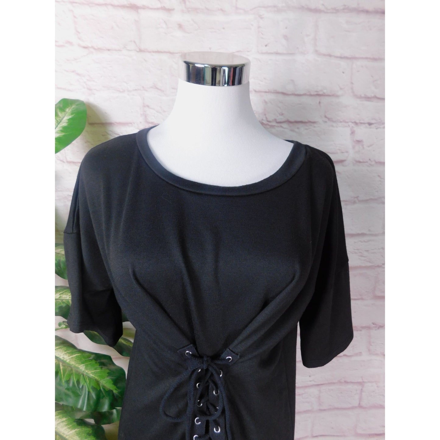 Potters Pot Lace-Up Midi Dress Sz Large Short Sleeve Black