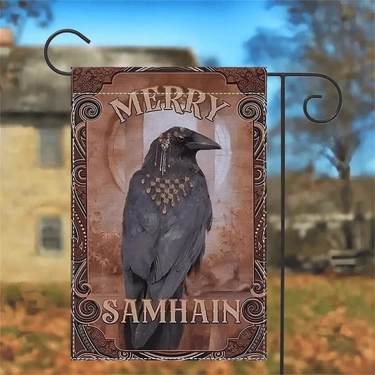 Merry Samhain Flag Garden Banner Crow Raven Pagan Witchy Decor Halloween Fall