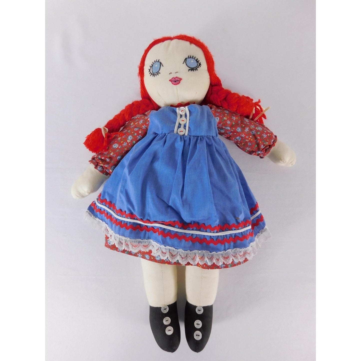 Jane D Mayton Handmade Cloth Rag Doll Red Hair Blue Dress 22 Inch Folk Style