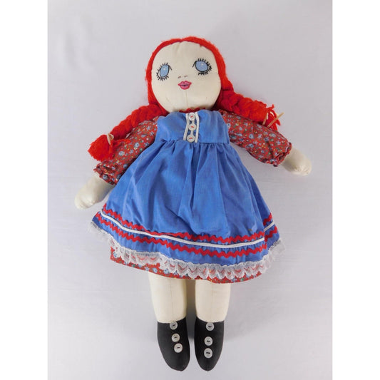 Jane D Mayton Handmade Cloth Rag Doll Red Hair Blue Dress 22 Inch Folk Style
