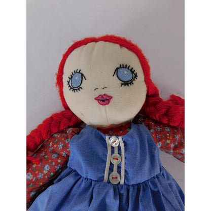 Jane D Mayton Handmade Cloth Rag Doll Red Hair Blue Dress 22 Inch Folk Style