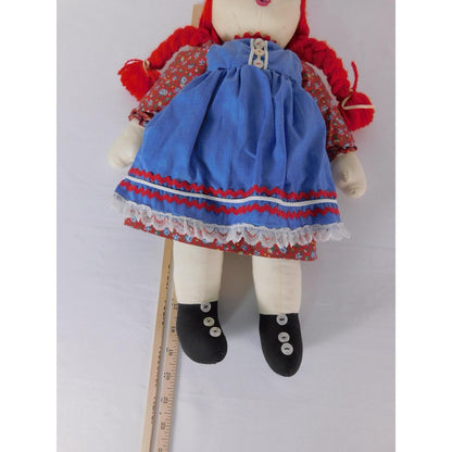 Jane D Mayton Handmade Cloth Rag Doll Red Hair Blue Dress 22 Inch Folk Style