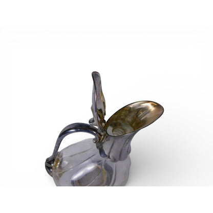 Vintage Clear Glass Art Nouveau Pitcher Metal Mounted Hinged Lid Handle Unmarked