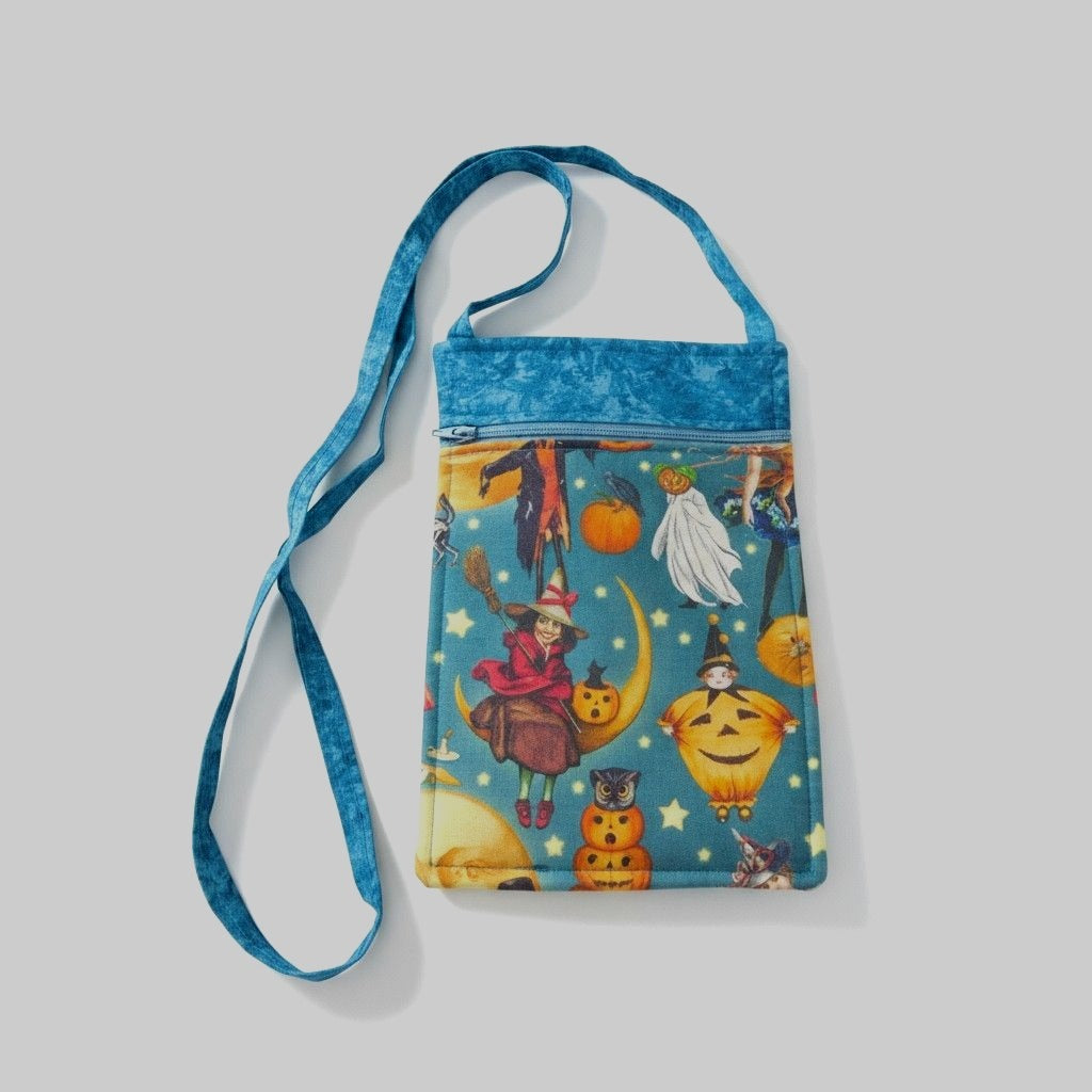 Halloween-Themed Crossbody Bag With Vintage Witch & Pumpkin Print Zipper Closure Adjustable Strap Handmade 9.5 x 6.5 Inches